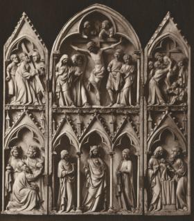 Triptych, 2 registers, with arches and bands of roses (décor de roses; colonnettes; frise d'arcatures); known as Triptyque de Saint-Sulpice-du-Tarn (Front)