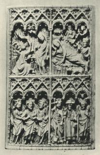 Panel (possibly fragment of a diptych), 2 registers, 6 arches across (frise d'arcatures; colonnettes) (Front)