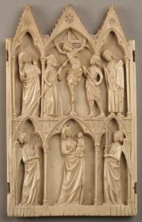 Gabled centre panel (fragment of a triptych), 2 registers, 3 arches across (frise d'arcatures; colonnettes) (Front)