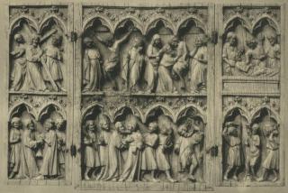 Triptych, 2 registers, 2 arches across (wings) and 4 arches across (centre panel) (frise d'arcatures) (Front)