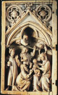 Wing, left (fragment of a diptych), 1 register, 1 arch across (plaquettes) (Front)