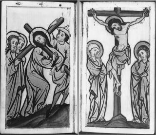 Devotional booklet, with covers, 1 register, 2 arches across and 6 painted panels (frise d'arcatures; plaquette) (Folios 3v-4r)