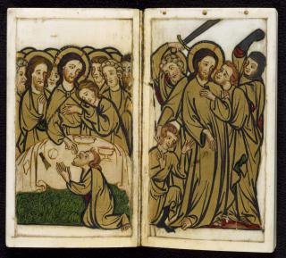 Devotional booklet, with covers, 1 register, 2 arches across and 6 painted panels (frise d'arcatures; plaquette) (Inside of the front cover and folio 1r)