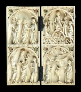 Diptych, 2 registers, 1 arch across, bands of rosettes (décor de roses; colonnettes) (Front)
