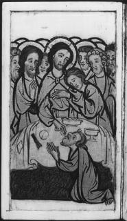 Devotional booklet, with covers, 1 register, 2 arches across and 6 painted panels (frise d'arcatures; plaquette) (Inside of the front cover)