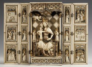Polyptych, 3 registers (wings), openwork panels, ogee arches (tabernacle; ajouré; colonnettes) (Front)