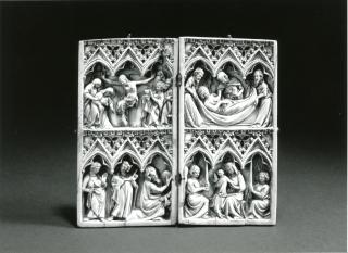 Diptych, 2 registers, 3 arches across, bands of rosettes (frise d'arcatures; décor de roses) (Front)