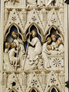 Diptych with gables, 3 registers, 3 arches across (frise d'arcatures); known as 'Soissons Diptych' (Detail, front)