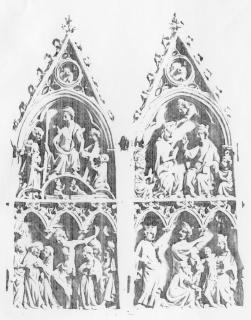 Gabled panels (fragment of a polyptych), 2 registers, 1 arch across (Front)