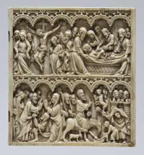 Panels (fragments of a quadriptych), 2 registers, 6 arches across (tablette à écrire; frise d'arcatures) (Leaf 3)