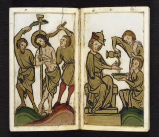 Devotional booklet, with covers, 1 register, 2 arches across and 6 painted panels (frise d'arcatures; plaquette) (Folio 2v-3r)