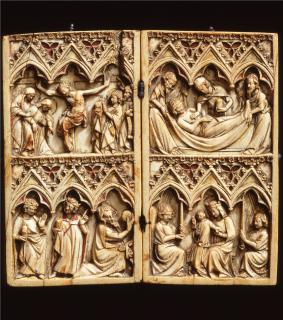 Diptych, 2 registers, 3 arches across, bands of rosettes (frise d'arcatures; décor de roses) (Front)