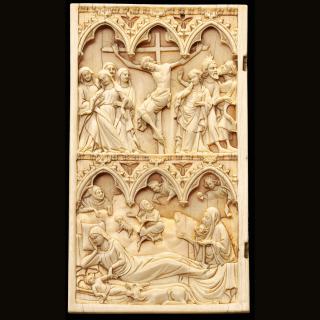 Wing, left (fragment of a diptych), 2 registers, 3 arches across, bands of rosettes (frise d'arcatures; décor de roses) (Front)