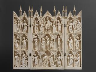 Triptych with gables, 3 registers, with arches across (frise d'arcatures; colonnettes) (Front, open)