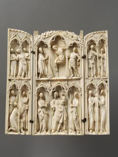 Rounded-top triptych (originally gabled triptych), 2 registers, 2 arches across and 3 arches across (frise d'arcatures; colonnettes) (Front)