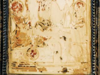 Panel (probably wing, left; fragment of a diptych), 1 register, 1 arch across (plaquette; frise d'arcatures) (Back, detail)