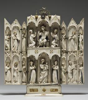 Gabled polyptych, 2 registers (tabernacle; frise d'arcatures; colonnettes) (Front, open)