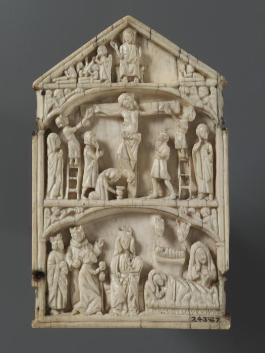 Centre panel (part of a gabled triptych), 3 registers, 1 arch across (plaquette) (Centre panel)