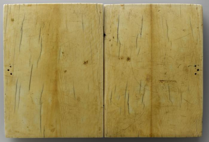 Diptych, 2 registers, 4 arches across, bands of rosettes (frise d'arcatures; décor de roses) (Back)