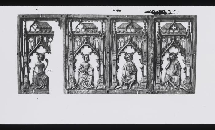 Openwork panel (part of a casket), 1 register, 2 arches across (plaque ajourée) (Front, panels as arranged on acquisition)