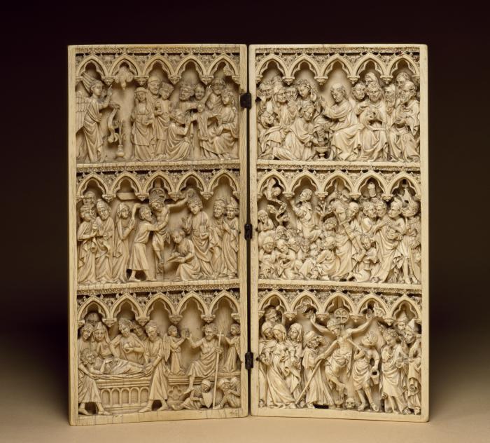 Wing, left (part of a diptych), 3 registers, 5 arches across, bands of roses (frise d'arcatures; décor de roses) (Front)