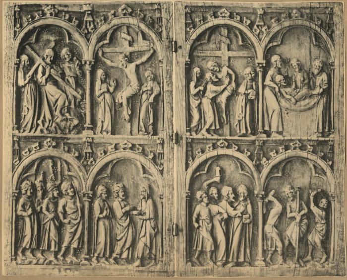 Diptych, 2 registers, 2 arches across (colonnettes; frise d'arcatures) (Front)