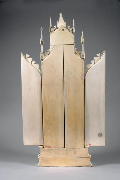 Triptych, 3 registers, with arches (tabernacle; colonnettes; frise d'arcatures) (Back)