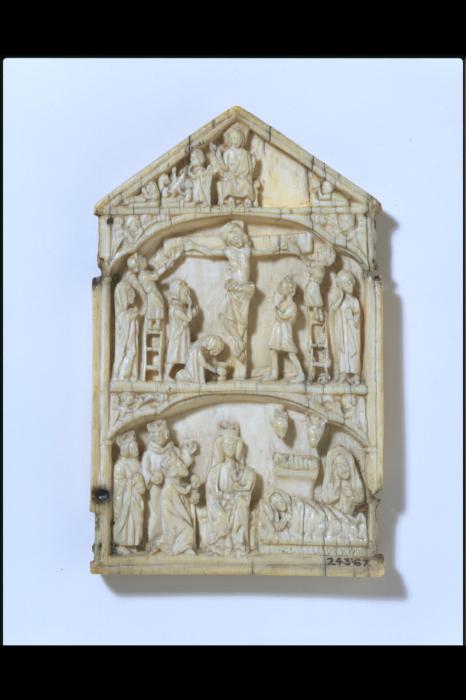 Centre panel (part of a gabled triptych), 3 registers, 1 arch across (plaquette) (Centre panel)