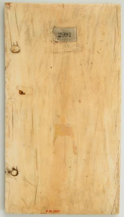 Wing, left (part of a diptych), 2 registers, bands of rosettes (décor de roses) (Back)