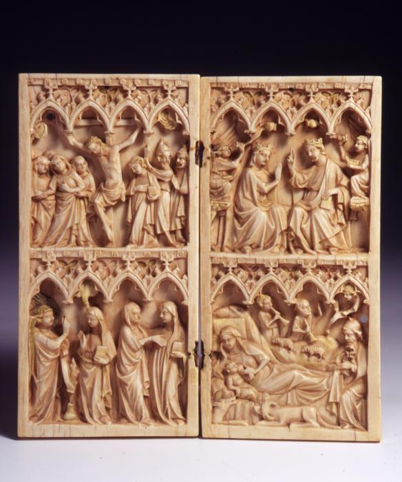 Diptych, 2 registers, 4 arches across, bands of rosettes (frise d'arcatures; décor de roses) (Front)