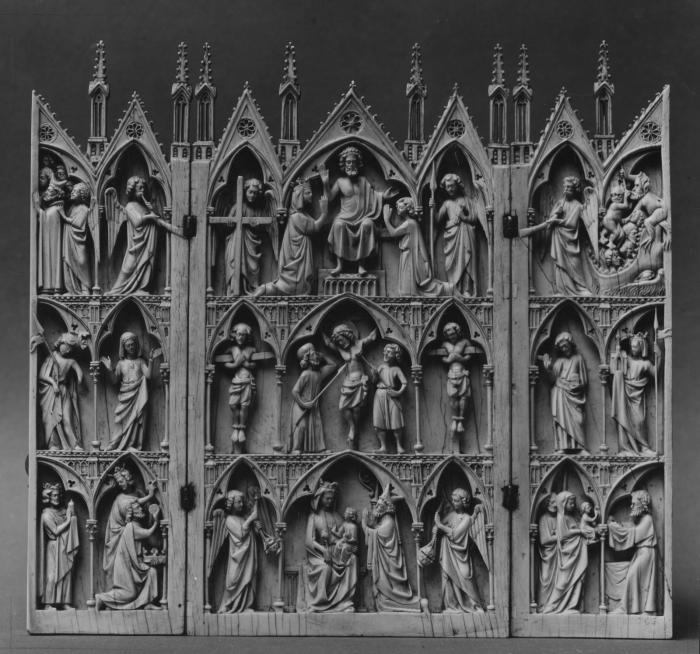 Triptych with gables, 3 registers, with arches across (frise d'arcatures; colonnettes) (Front)