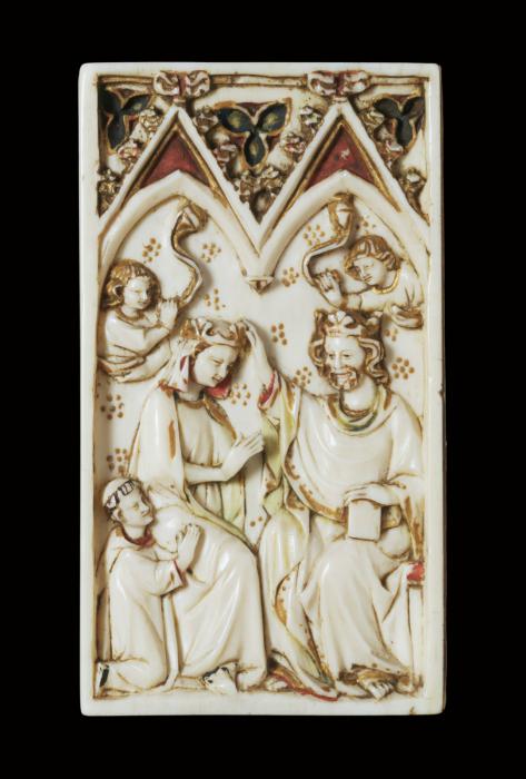 Devotional booklet, with covers, 1 register, 2 arches across and 6 painted panels (frise d'arcatures; plaquette) (Back cover)