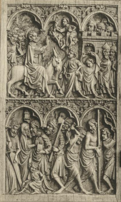Diptych, 2 registers, 3 arches across, bands of rosettes (frise d'arcatures; décor de roses) (Wing, left)