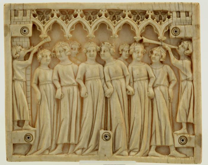 Panel (fragment of a casket; end panel), 1 register, 5 full and 2 half arches (coffret; frise d'arcatures) (Front)