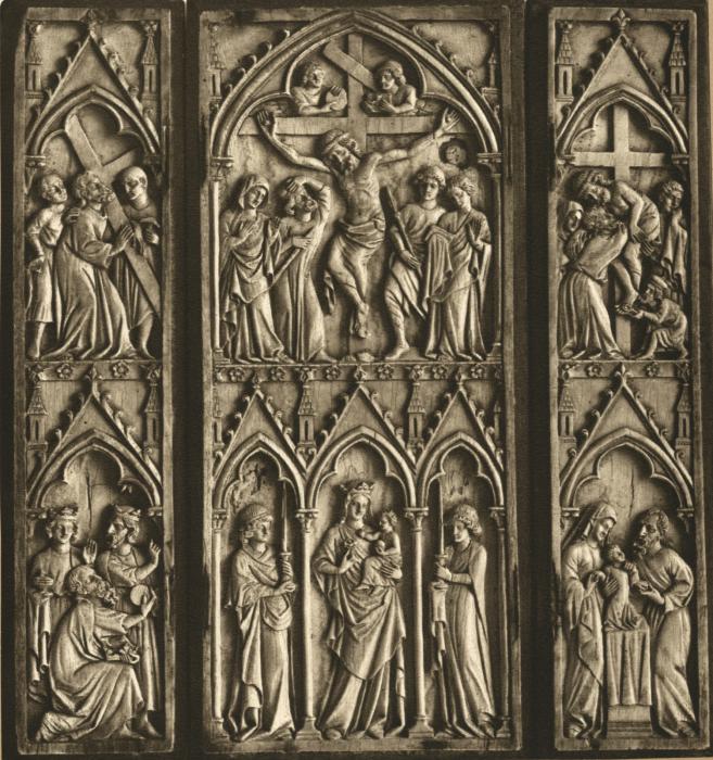 Triptych, 2 registers, with arches and bands of rosettes (frise d'arcatures; décor de roses; colonnettes) (Front)
