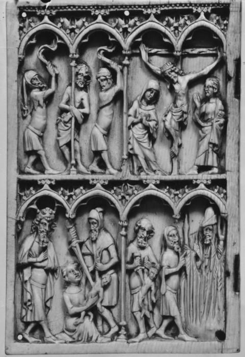 Wing, left (fragment of a diptych), 2 registers, 4 arches across (frise d'arcatures; colonnettes) (Front)