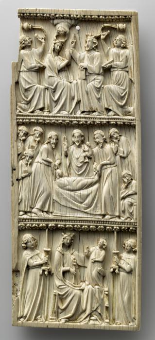 Wing, right (part of a diptych), 3 registers, bands of rosettes (décor de roses) (Front)