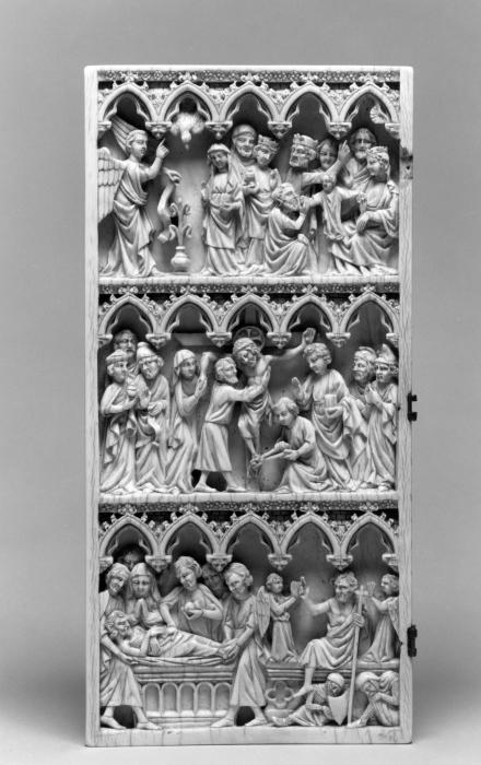 Wing, left (part of a diptych), 3 registers, 5 arches across, bands of roses (frise d'arcatures; décor de roses) (Front)