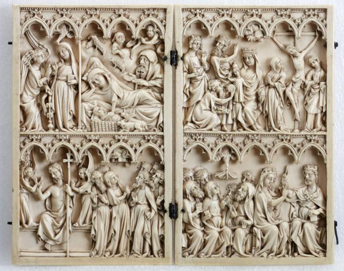 Diptych, 2 registers, 5 arches across (frise d'arcatures; colonnette) (Front, open)