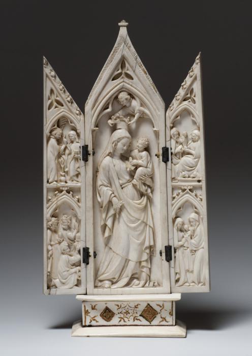 Gabled triptych, 2 registers, with base (tabernacle) (Front (open))