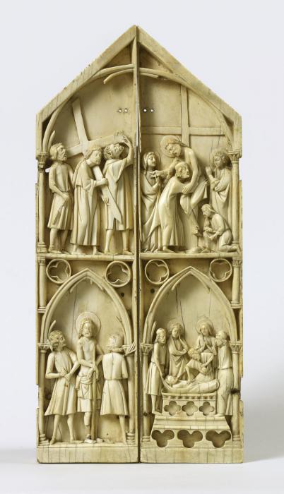 Wings, right and left (fragments of a triptych), 2 registers, 1 arch across (Front)