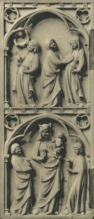 Diptych, 2 registers, 1 arch across, bands of rosettes (décor de roses; colonnettes) (Wing, left)