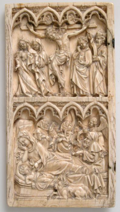 Wing, left (part of a diptych), 2 registers, 4 arches across, bands of rosettes (frise d'arcatures; décor de roses) (Front)