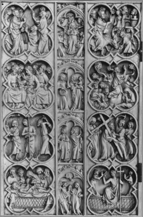 Diptych, 4 registers, with quatrefoils and arches (quatre-feuilles) (Wing, left)