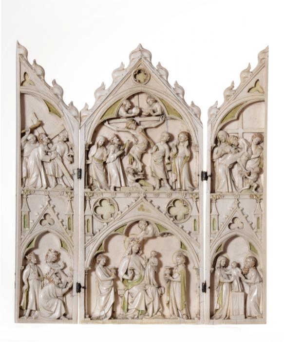 Gabled triptych, 2 registers, 1 arch across, bands of rosettes (colonnettes; décor de roses) (Front, open)