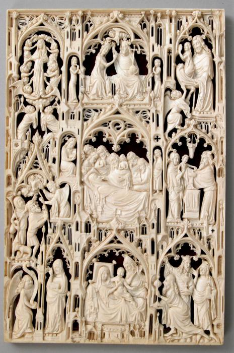 Openwork panel (plaque ajourée, fragment of a diptych), 3 registers (colonnettes) (Front)