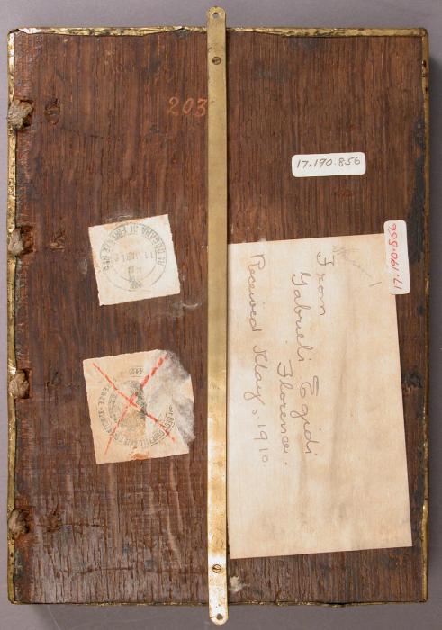 Wing, right (fragment of a diptych), 1 register, 1 arch across (plaquette), reused as part of the binding of a book (Back)