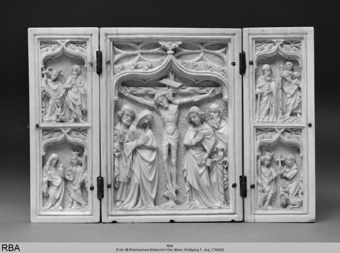 Triptych, 1 register and 2 registers, 1 ogee arch across (Front)