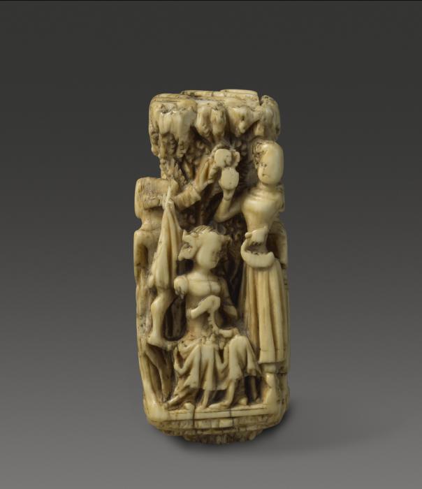 Knife handle, 4 sides (manche de couteau) (Side (lady making a wreath; youth and lady plucking flowers or fruits from a tree))