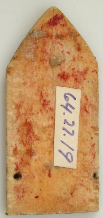 Gabled panel (fragment of a polyptych; tabernacle), 1 register, 1 arch across, band of rosettes (décor de roses) (Back)